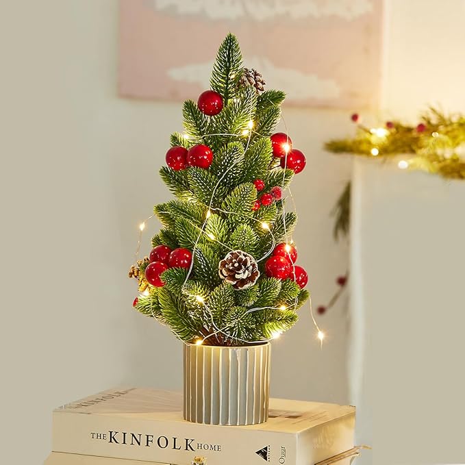 Classic Small Christmas Tree Table Decor - Mini Tabletop Artificial Tree Indoor Christmas Holiday Centerpiece for Desktop Home Office Bedroom Decor Gift(Red Pine)