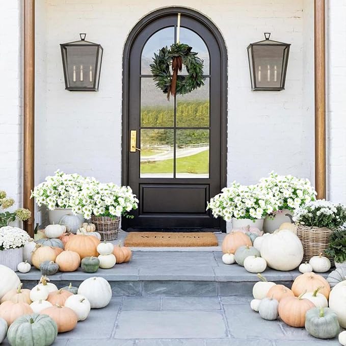 10pcs Outdoors Artificial Mum Flowers UV Resistant Daisy Fake Silk Chrysanthemum Greenery Faux Eucalyptus Plants for Spring Summer Garden Patio Window Box Planter Home Decor(White)