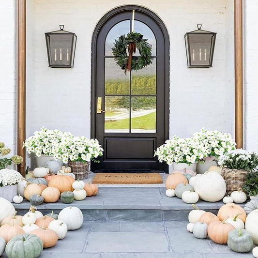 10pcs Outdoors Artificial Mum Flowers UV Resistant Daisy Fake Silk Chrysanthemum Greenery Faux Eucalyptus Plants for Spring Summer Garden Patio Window Box Planter Home Decor(White)