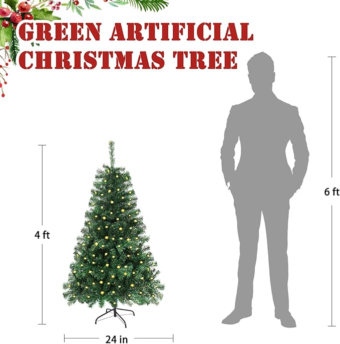4FT Pre-Lit Green Christmas Tree, Small Artificial Holiday Fir Xmas Tree with 450 PVC Branch Tips, 150 Warm Lights, Foldable Base for Home, Party Decoration