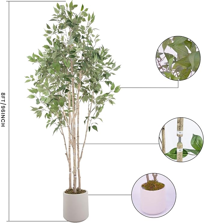 Artificial Fake Ficus Tree 8FT Tall 1Pack with White Planter & Free Moss, Artificial Plants Indoor, Artificial Trees for Home Decor Indoor, Faux Ficus Tree
