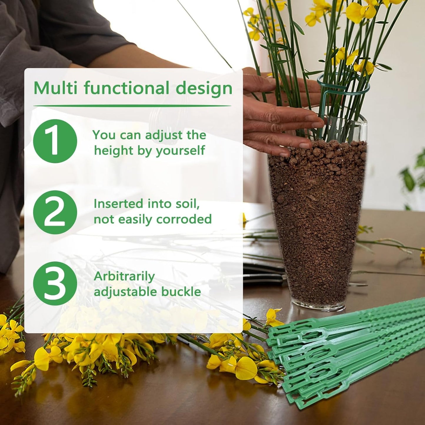 Huakaile 4 Packs Adjustable 23.6" Plant Stakes and Supports with 30 Pieces 9" Twist Ties, Green Plant Holder Stick Outdoor Indoor, Metal Flower Support Stakes Rings for Gardens Vegetables (60 cm)