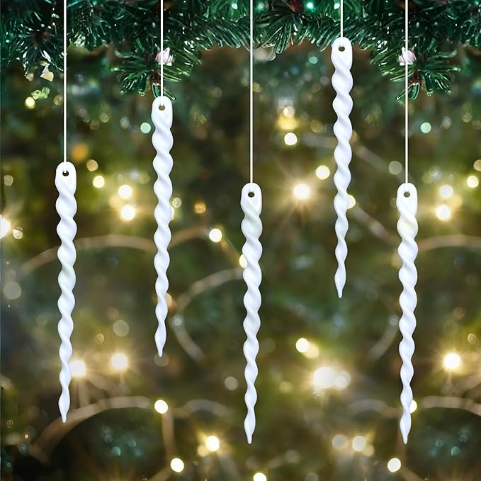 AMS Christmas Sparkling Glitter Icicle Ornaments 30 PCS Acrylic Icicles Ornament Set for Christmas Tree New Year Party Decorations Supplies(5.3''/13.5cm, Ivory White)