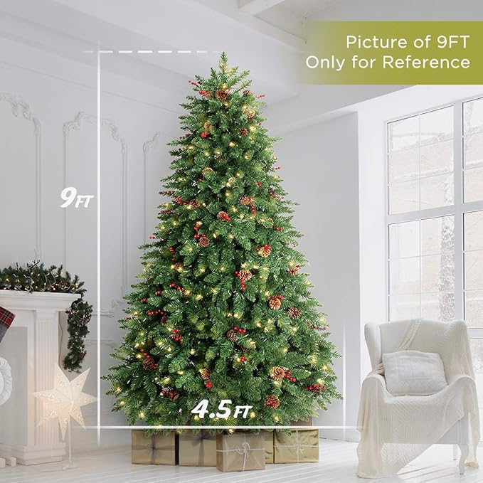 9FT Prelit Christmas Tree, Artificial Christmas Tree Pre-Decorated with Pinecones and Berries (800 Clear Warm Lights and Realistic 2106 Thicken Tips, Sturdy Metal Base)