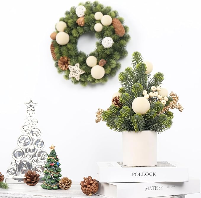 SY Super Bang Small Christmas Tree, 12Inch Artificial Beige Velvet Ball Berry Mini Tabletop Tree Christmas Decorations, for Home Party Thankgivings Xmas Indoor Decor.
