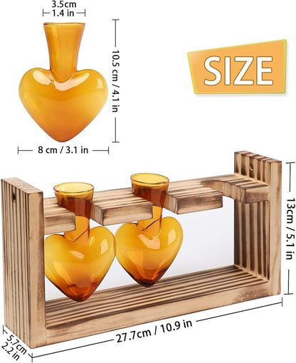 Plant Terrarium Propagation Stations Hydroponics Home Garden Decoration Gift for Women with Wooden Stand Heart Shaped Colored Glass Vase