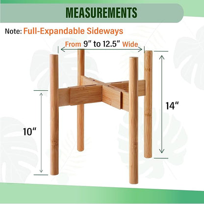ZPirates Plant Stand for Indoor - Adjustable Sideways to fit 8 10 or 12 Inch-wide Medium-Large Planter Pots - Ideal for Live and Fake, Corner and Floor Plants - 14-inch Tall - Bamboo Wood
