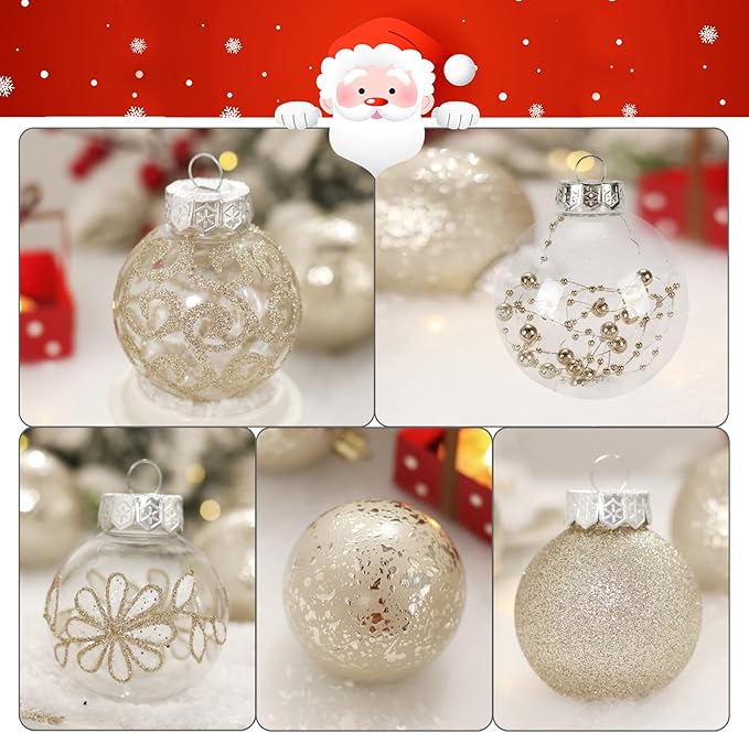 60mm/2.36inch Clear Christmas Ornaments Set, 30ct Champagne Christmas Ornaments Balls for Christmas Tree Decorations Shatterproof Transparent Baubles with Stuffed Decoration for Xmas Wedding Party