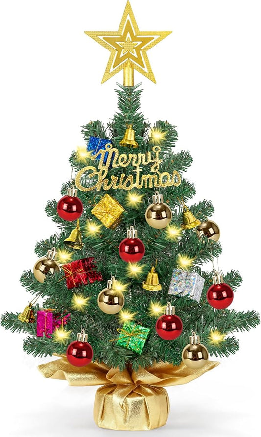 [ Timer & 8 Modes] 24 Inch Realistic Tabletop Christmas Tree with 50 Warm White Lights Star Treetop and Ornaments Small Small Artificial Christmas Tree for Indoor Home Table Christmas Decorations