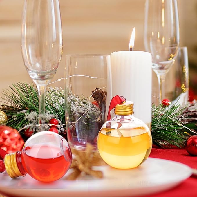 Patelai 18 Pcs Christmas Drink Balls Clear Shot Glass Ornaments Xmas Tree Fillable Ornaments Plastic Xmas Water Bottle Bulbs for Holiday Party Decorations(Round,150 ml)