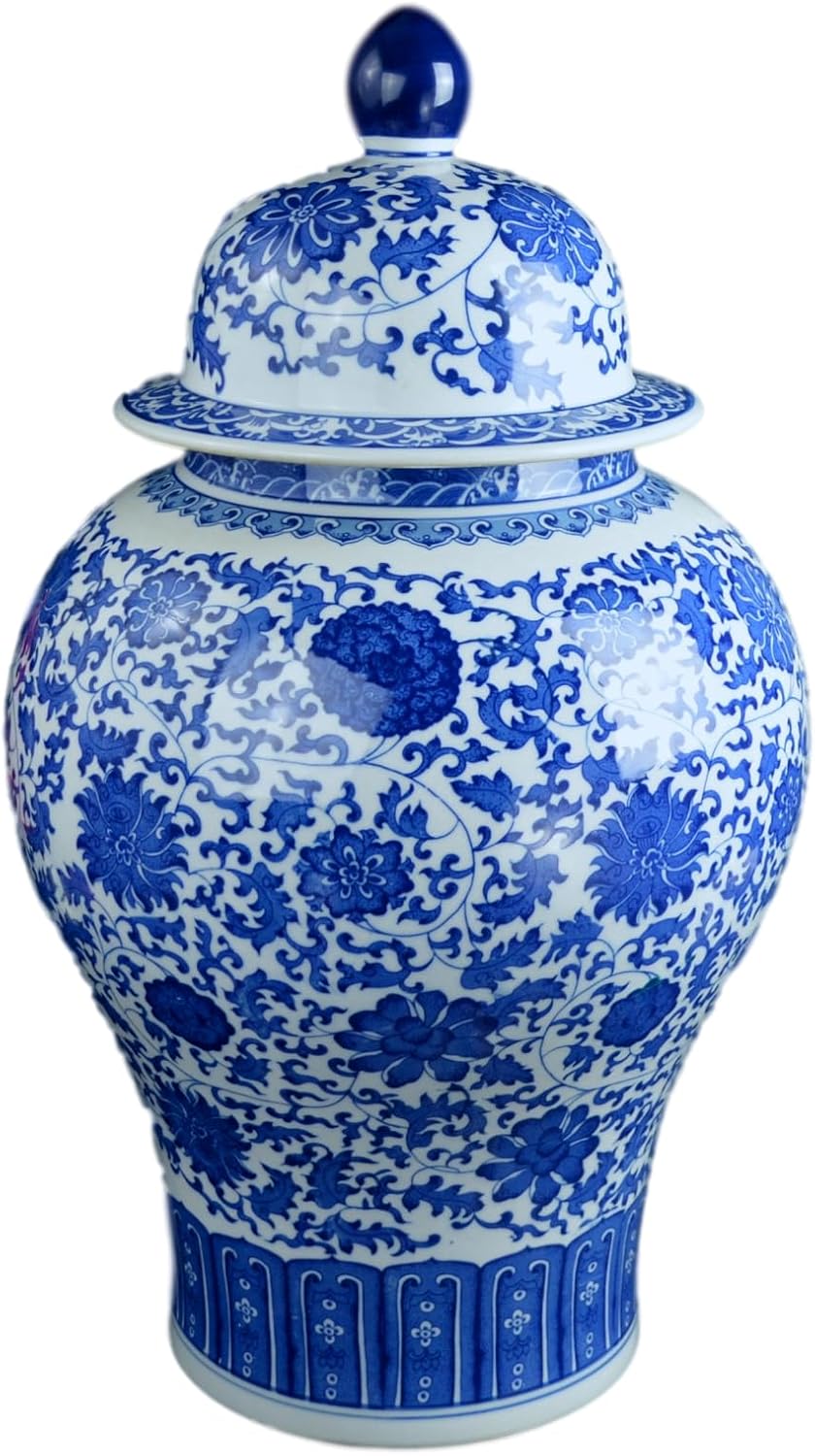 24" Classic Blue and White Floral Porcelain Ceramic Temple Ginger Jar Vase, Large China Qing Style (Blue and White 24-5)