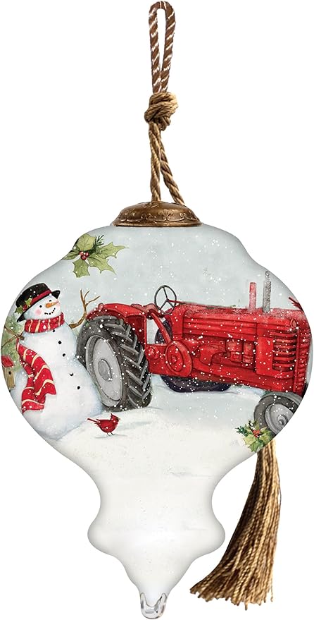 Red Tractor Christmas Ornament with Snowman – Hand-Painted Glass Farmhouse Holiday Ornament – Vintage Tractor Christmas Decor – Country Christmas Tree Ornament