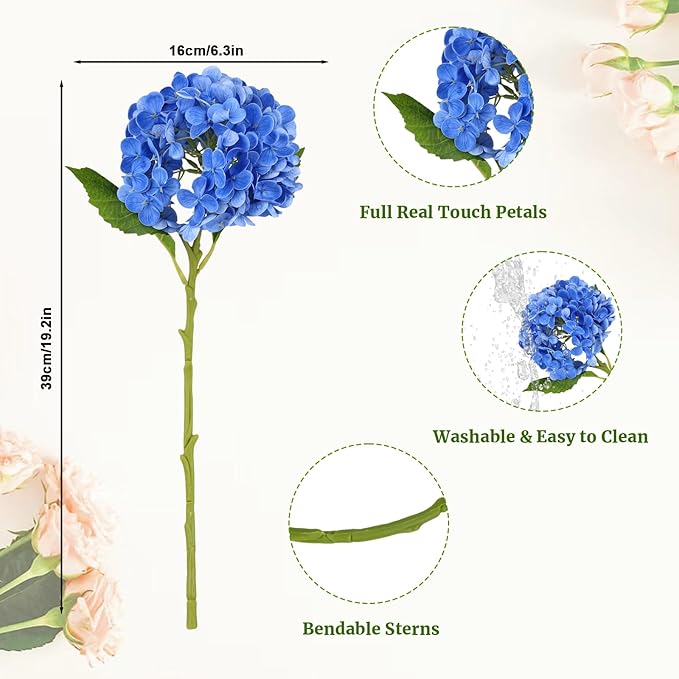 3 Pcs Blue Hydrangea Artificial Flowers, 19 inch Faux Hydrangeas Real Touch Flowers , Long Stem Artificial Flowers for Tall Vase Home Wedding Bouquets Centerpieces Party Living Room Decoration