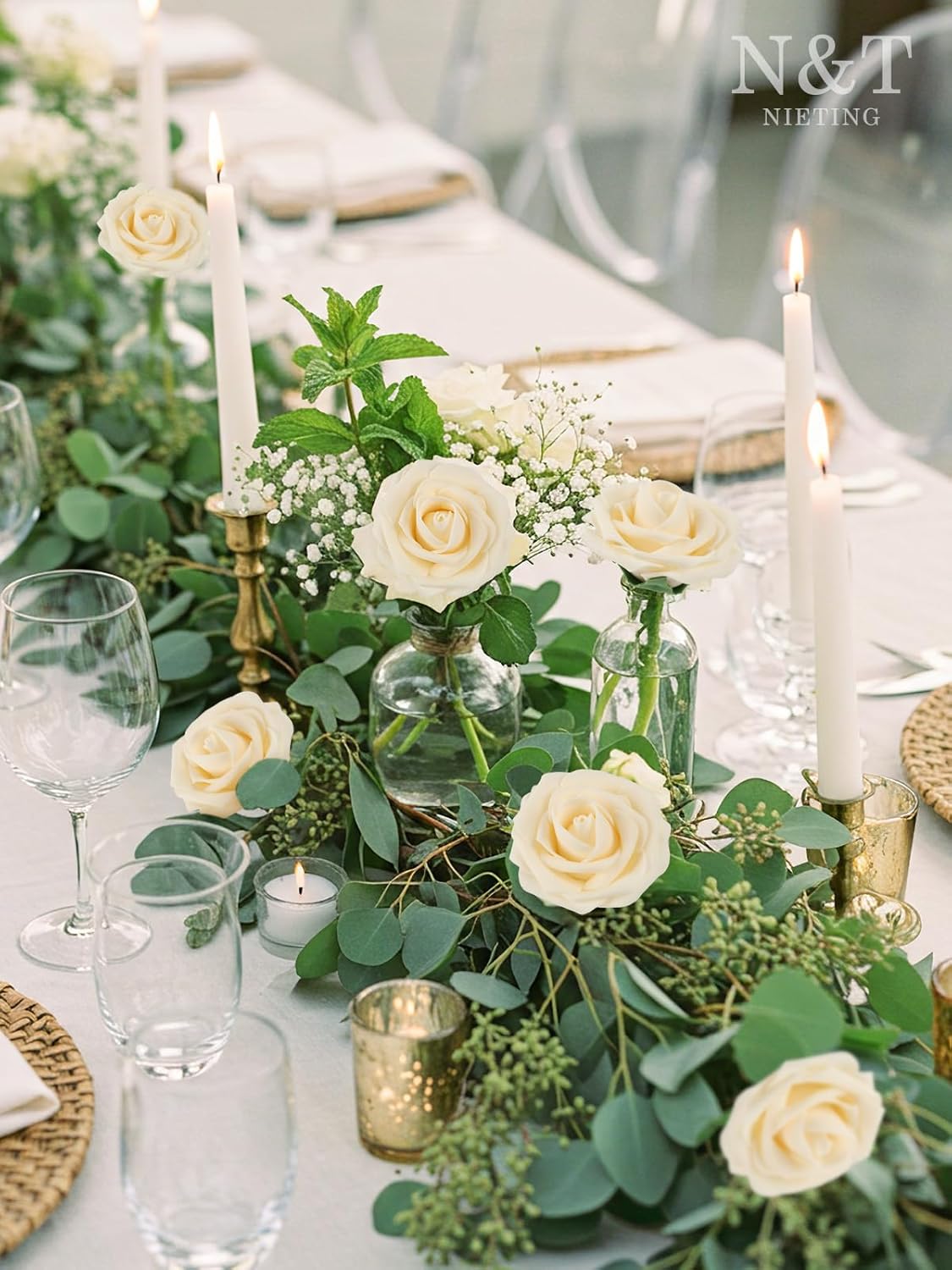 N&T NIETING Roses Artificial Flowers, 50pcs Fake Flowers Foam Roses for DIY Wedding Bridal Bouquet Baby Shower Party Cake Wall Decoration, Cream