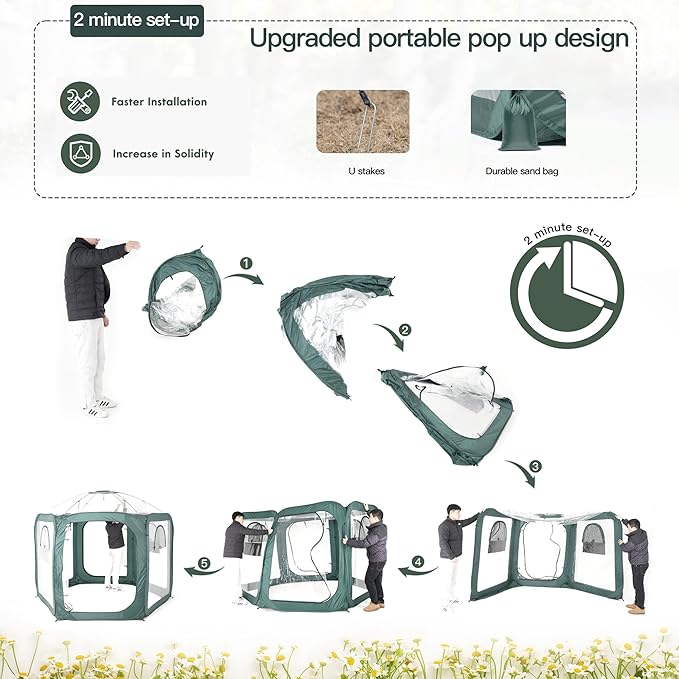 Porayhut Pop up Greenhouse Tent,Portable Large Walk-in Plant House 10’X10’ ,Indoor Outdoor Gardening Plant Sunshine Room with PVC Mesh Cloth Cover for Protecting Plant from Cold Frost & Birds