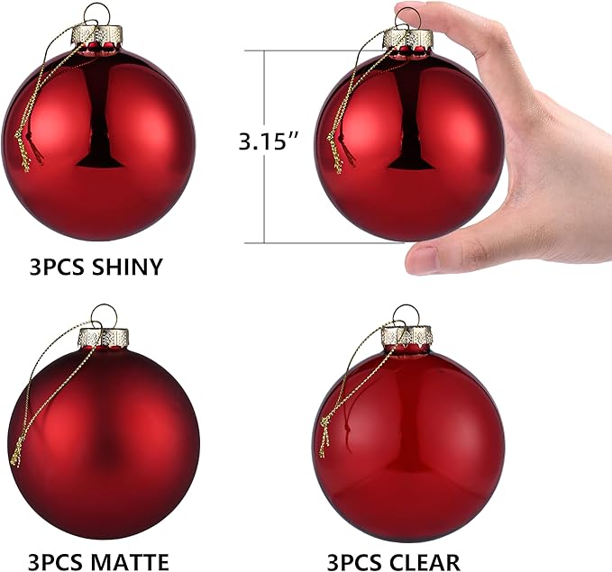 Red Glass Christmas Ball Ornaments, 3.15’’ Burgundy Ornament for Christmas Tree Set of 9 with 3 Different Finishes, Vintage Xmas Balls for Home Decor, Thanksgiving Party Gift