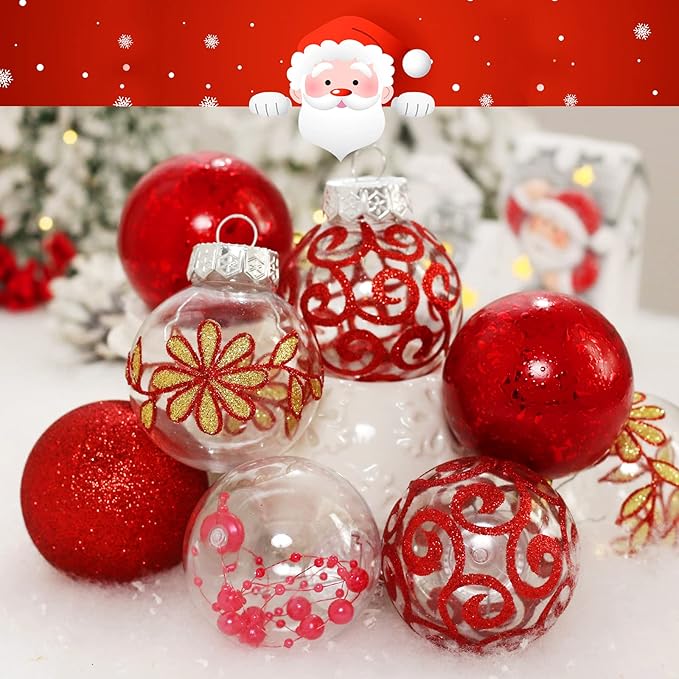 60mm/2.36inch Clear Christmas Ball Ornaments Set, 30 ct Red Christmas Ornaments Balls for Christmas Tree Decorations Shatterproof Transparent Baubles with Delicate Stuffed Decoration for Wedding Party