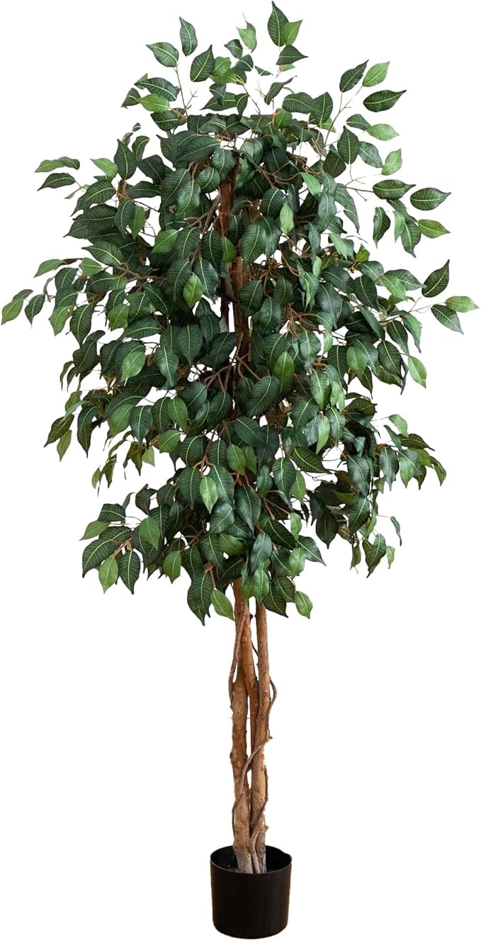 Nearly Natural 5ft Triple Trunk Artificial Ficus Tree with Natural Wood Trunks, Fake Tree for Indoor Home Décor, Faux Ficus Tree with Black Nursery Pot