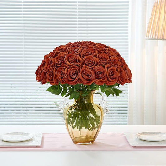 50Pcs Burnt Orange Roses Artificial Flowers Artificial Silk Roses Bulk,Fake Roses Flower with Stems Realistic Flowers for Wedding Centerpiece Home Party Decor
