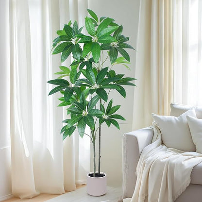 Artificial Fortune Tree - 5 FT Fake Tree with White Planter - Large Faux Plants Indoor Outdoor - Artificial Plants Indoor pots for Home Office Living Room Decor