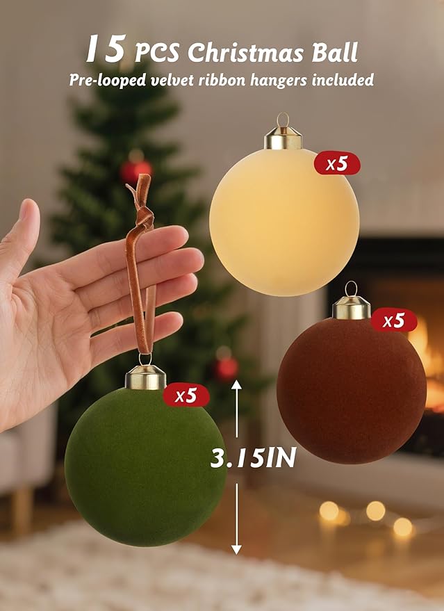 Brightown 15 Pcs Red Velvet Christmas Balls, 3.15 Inch Beige Green Brown Velvet Ornaments for Christmas Tree, Christma Tree Flocked Ornaments Balls for Holiday Wedding Party Xmas Hanging Decoration