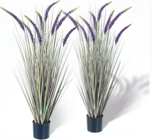 KOL 4ft 2-Pack Faux Veronica Spiked Speedwell Grass, 47in Artificial Veronica Spicata Flower, Tall Reed Grass for Home Office Garden Wedding Décor, Indoor/Outdoor Fake Plant, UV-Resistant, Purple