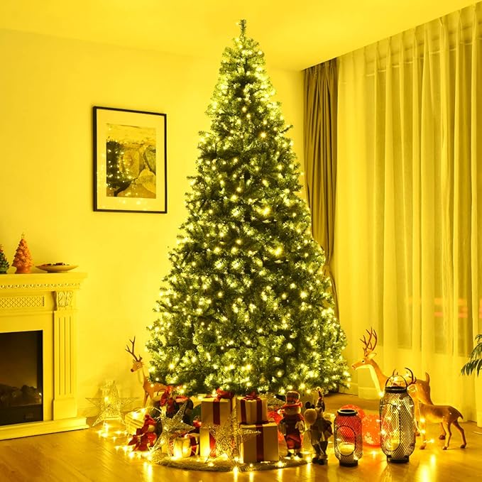 COSTWAY 9 FT Pre-lit Christmas Tree, Artificial Xmas Tree with 1000 Warm White & Multicolored Lights, 11 Modes, 2944 Branch Tips, Metal Support, Holiday Decoration Fake Tree for Home, Office, Party