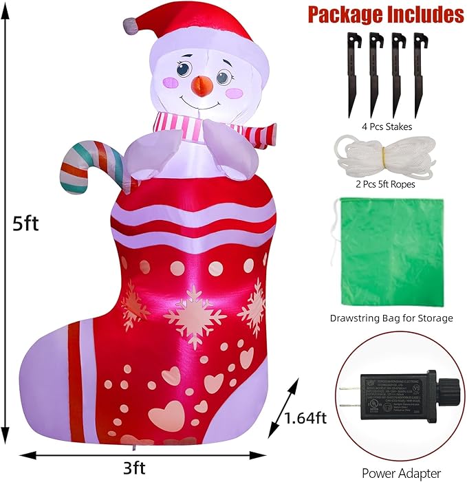 Juegoal Christmas Inflatables Outdoor Decorations, 5FT Inflatable Snowman in Xmas Stocking, Lighted Blow Up Snowman Standing on Christmas Socks with Built in Lights for Holiday Lawn Yard Garden Decor