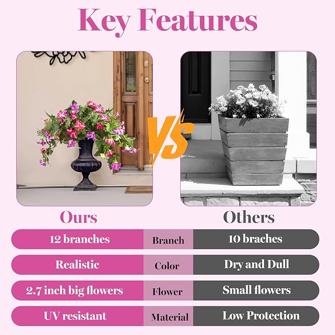 Artificial Morning Glory Fake Flowers for Outdoor Planter Decoration, 2 Pcs Petunias Realistic UV Resistant Faux Silk Flowers for Garden Balcony Porch Indoor Decor (Fuchsia)