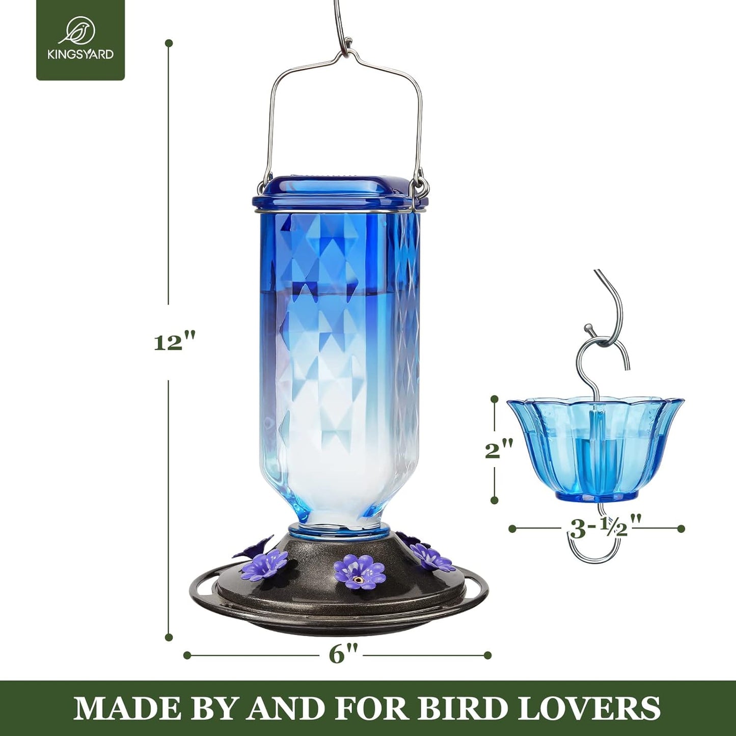 Kingsyard Glass Hummingbird Feeder for Outdoor Hanging, 24 Ounces, 6 Feeding Ports, Bird Nectar Feeder for Garden Décor, Ant Moat Included, Blue