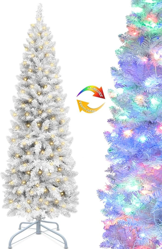 5 Ft Prelit White Pencil Artificial Christmas Tree with Timer 180 LED Warm White & Colorful Change Lights 8 Modes Plug in 550 Branch Tips Metal Stand Slim Tree Xmas Decor Indoor Outdoor
