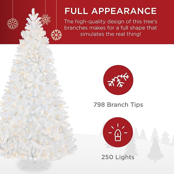 Best Choice Products Artificial Christmas Tree, 6ft Premium Pre-Lit Realistic Spruce Holiday Décor w/Dense Branches, Metal Base - White Spruce