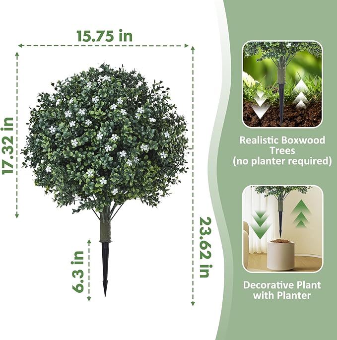 24" Artificial Boxwood Topiary Ball Bush with White Flowers, Set of 2 Artificial Shrub Bushes with Spike, Fake Evergreen Tree for Porch, Artificial Plants for Outdoor Planters Indoor UV Resistant