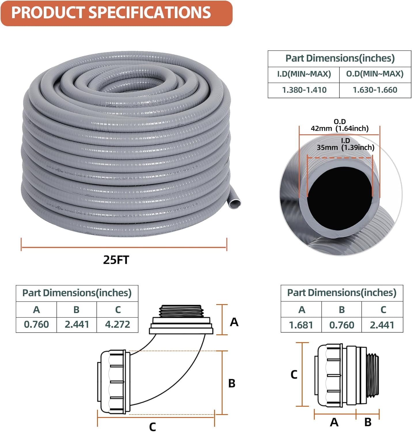 Liquid-Tight Conduit 1-1/4 inch 25ft, Electrical Conduit w/UL Certification, Flexible Conduit with 5 Straight and 5 90-Degree Conduit Connector Fittings Gray