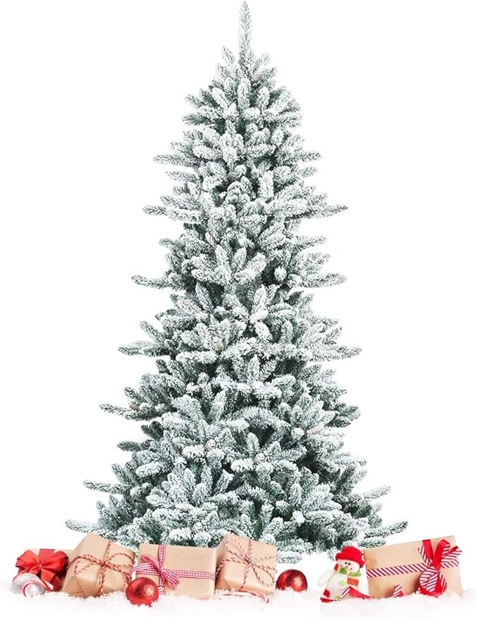 Happygrill 7ft Hinged Artificial Pine Cones Christmas Tree with 1108 Branch Tips, Heavily Snow Flocked Leaves, Metal Stand