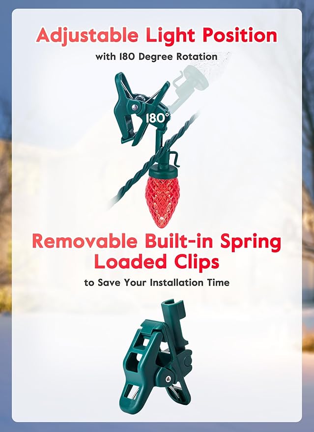 Minetom C9 LED Christmas Lights Outdoor, 68 Feet 100 LED C9 String Light with 100 Spring Clips, Waterproof Connectable Christmas Tree Lights for Outside Roofline Patio Home Xmas Decor, Red & Green