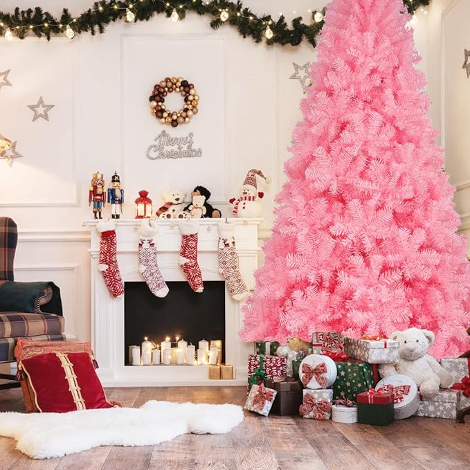 KTKDE 7.5ft Pink Christmas Tree, Artificial Christmas Tree, Sturdy Metal Stand with 1450 Tips (Pink top Star, LED Battery Box), Home, School, Party Office Holiday Decorations