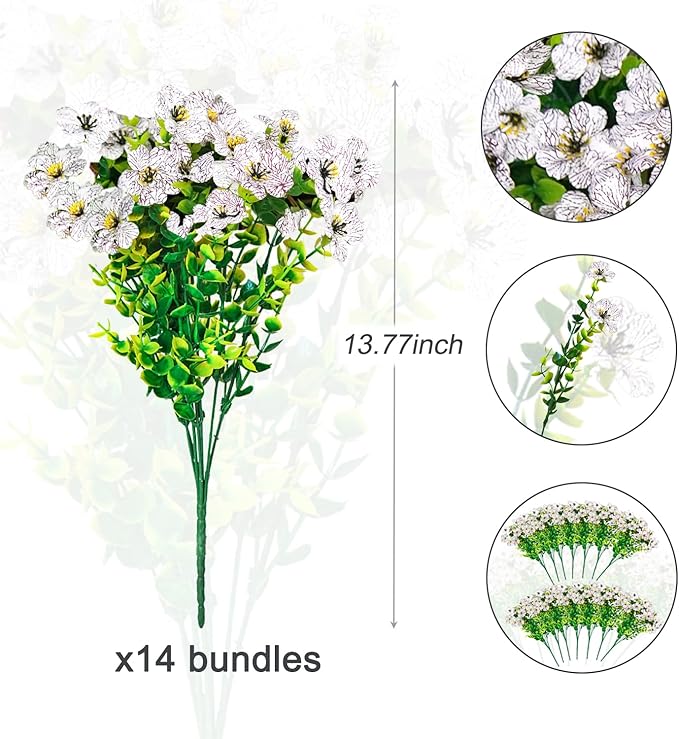 14 Bundles Fake Mums Fake Plants Artificial Mums for Outdoors Artificial Flowers for Yard Porch Home Garden Fall Indoor Outdoor Decor(White)