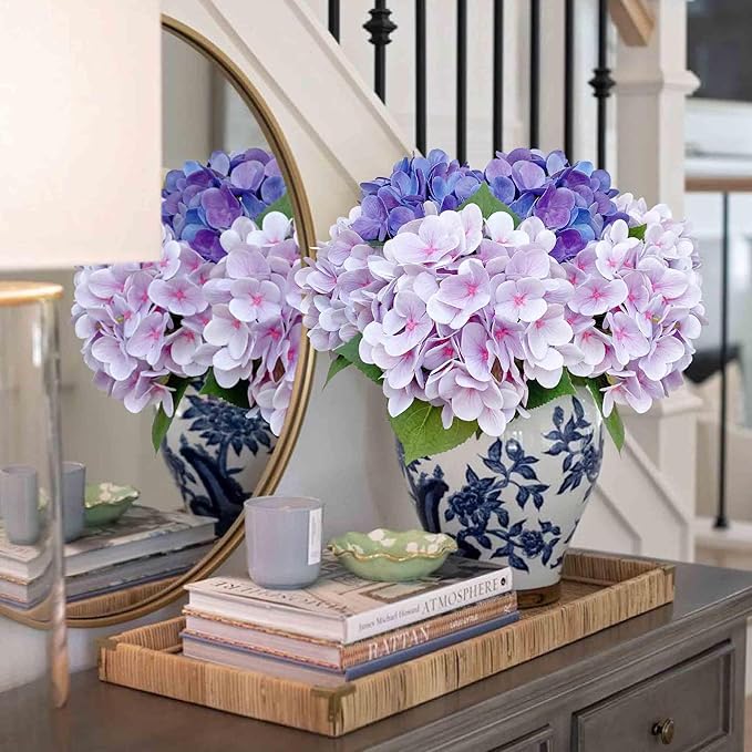 6pcs 23 inch Mix Purple Hydrangea Artificial Flowers，Real Touch Latex Hydrangea Flowers Realistic Table Centerpiece - Purple