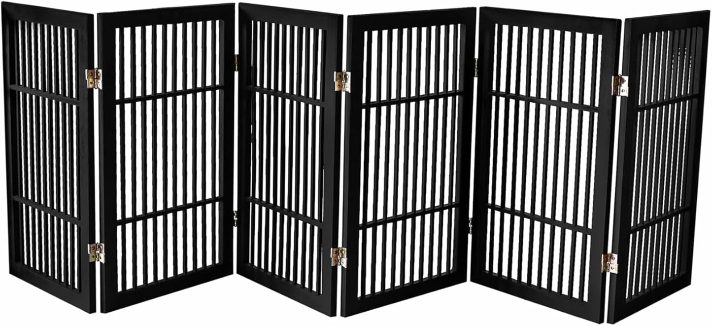 Pet Dog Gate Strong and Durable Freestanding Folding Acacia Hardwood Portable Wooden Fence Indoors or Outdoors by Urnporium (Black Pet Gate, 6 Panel 30" Tall)