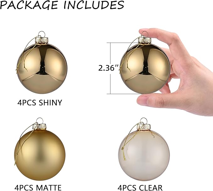 Gold Glass Christmas Ball Ornaments for Christmas Tree, 2.36” Christmas Hanging Ornaments Set of 12 Xmas Baubles for Holiday Party Xmas Tree Decorations Gifts