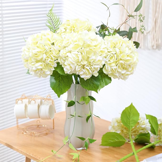 Nubry 22.44In Beige Hydrangea Artificial Flowers,4Pcs Latex Faux Real Touch Large Hydrangea Flowers with Long Stems & Leaves for Home Office Decor Wedding Party Arrangements(Beige)