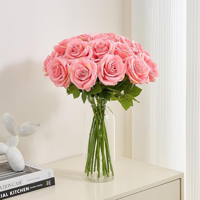 15pcs Fake Roses Artificial Silk Flowers Faux Rose Flower Long Stems Bouquet for Arrangement Wedding Centerpiece Party Home Kitchen Decor