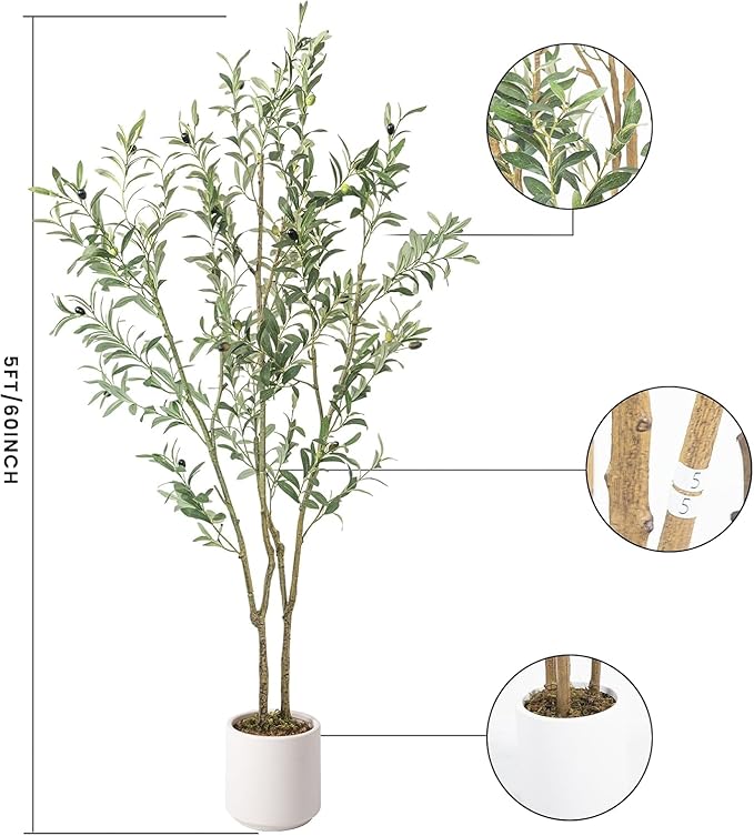 Artificial Fake Olive Tree 5FT Tall 1Pack with White Planter Faux Silk Olive Tree for Home Living Room Office Decor Faux Artificial Plants Indoor with Fruit & Free Moss
