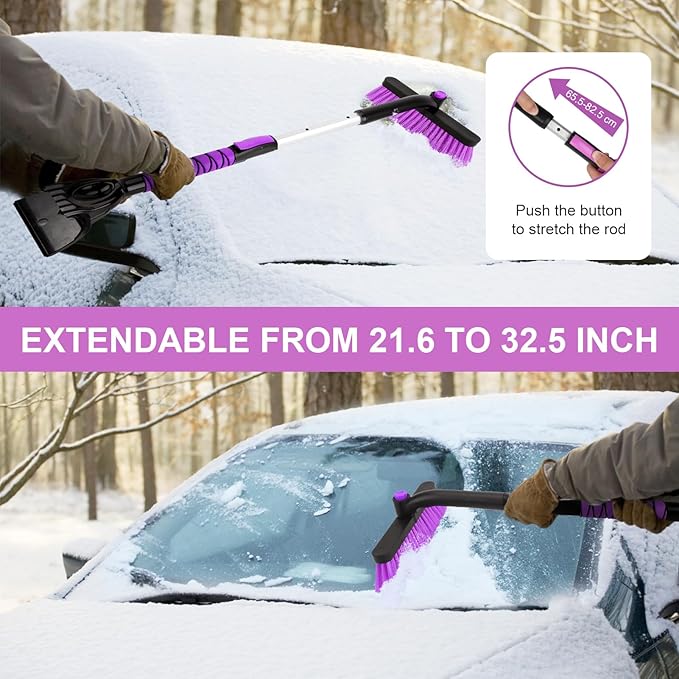 YOUGFIN Ice Scraper with Snow Brush Detachable for Car Windshield 33 Inch, 2 In 1 Extendable Window Scraper & Foam Snow Removal Brush for SUV, Heavy Duty Snow Cleaner for Truck Van, 360° Pivoting Head