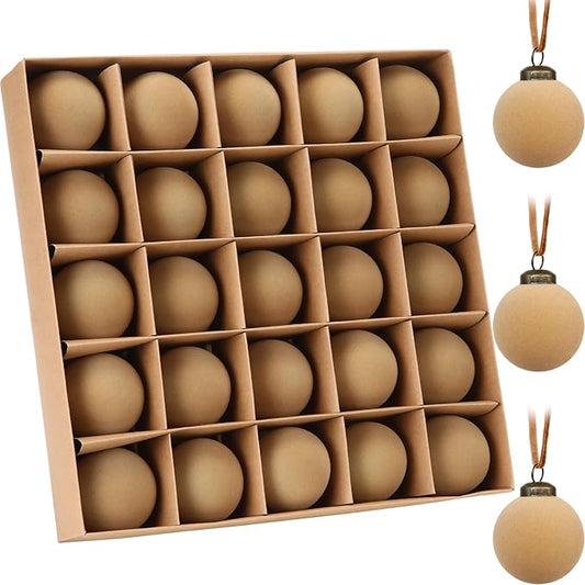 Sea Team 25-Pack Flocked Velvet Christmas Tree Ball Ornaments Set, Hanging Velour Baubles, Shatterproof Plastic Decorations for Xmas Tree, Wreath, Garland, 60mm/2.36 Inches, Beige