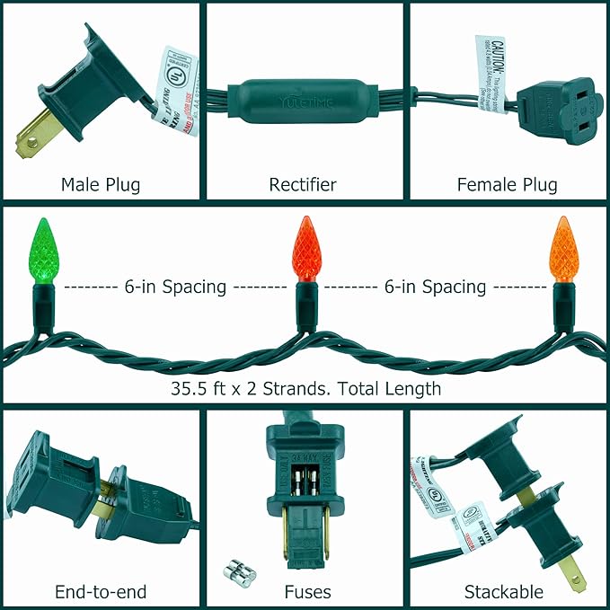 YULETIME Multicolor One-Piece C6 Strawberry Christmas Lights 140 Count 71 Feet, 2 Sets 70 LED 35.5 ft High Waterproof UL Certified String Light (Multicolor)