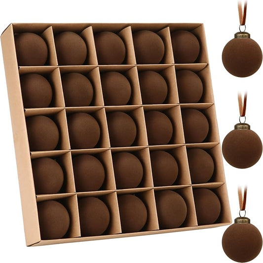 Sea Team 25-Pack Flocked Velvet Christmas Tree Ball Ornaments Set, Hanging Velour Baubles, Shatterproof Plastic Decorations for Xmas Tree, Wreath, Garland, 60mm/2.36 Inches, Brown