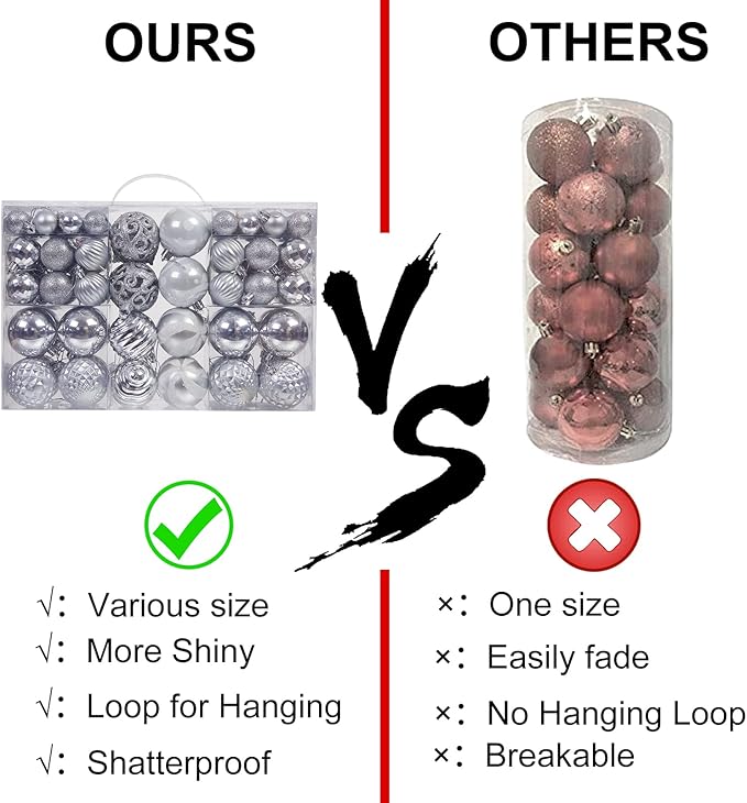 100PCS Christmas Ball Ornaments, Assorted Shatterproof Christmas Tree Decorations, Seasonal Decorative Hanging Baubles Decor Set for Xmas/Holiday/Party, Glitter&Painting Ornament Set (Silver)