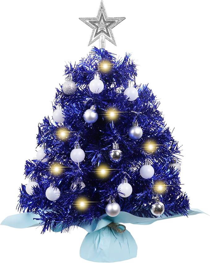 XmasExp Mini Christmas Tree with Lights Blue Small Christmas Tree Artificial Tabletop Xmas Decor Holiday Decoration for Home, Office, Party